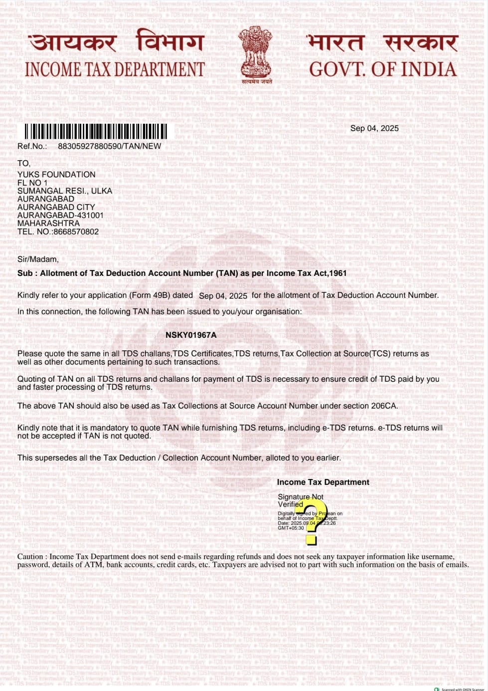 Tan Certificate